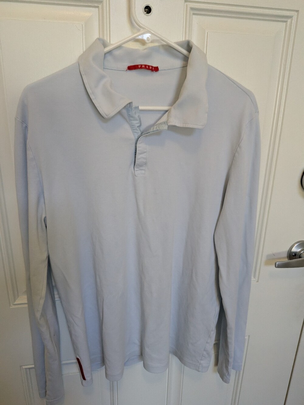 Prada Men’s Long Sleeve Polo Shirt Light Blue Cotton Size XL Authentic